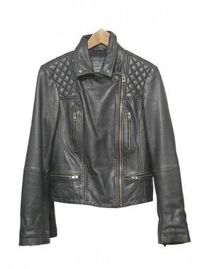 All Saints Cargo Biker Black Leather Jacket Women’s US 10 UK 14 Quilted Moto